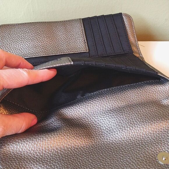 Tahari Metallic Silver Vegan Protective Lining 8" Trifold Wallet Clutch - Picture 8 of 15